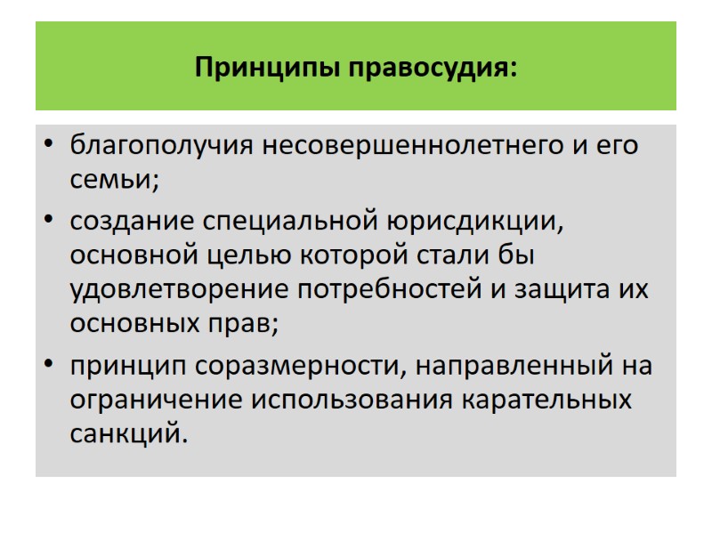 Принципы правосудия: благополучия несовершеннолетнего и его семьи; создание специальной юрисдикции, основной целью которой стали